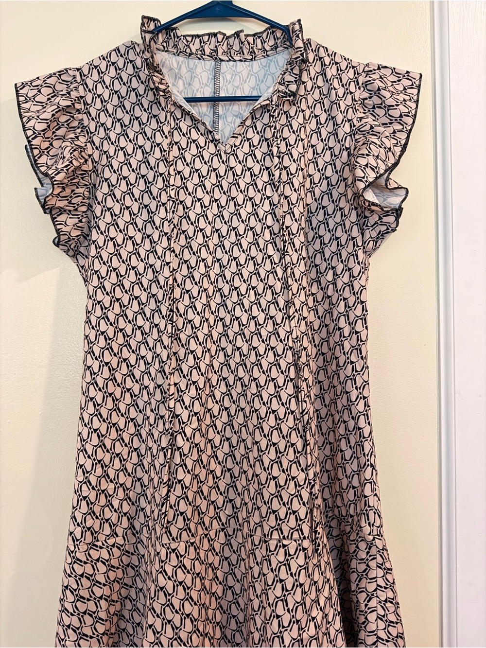 Girls Pink Geometric Ruffle Sleeve Casual Dress